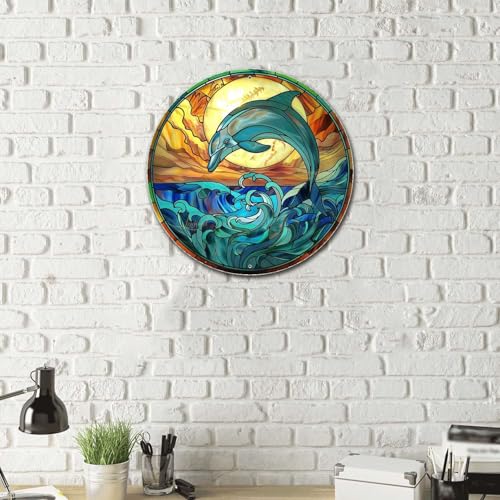 Metal Sign Tin Sign Circular Stained Glass Dolphin Gardening Decor Gift for Bar 12×12 Inches (12×12 Inches / Dolphin-1)