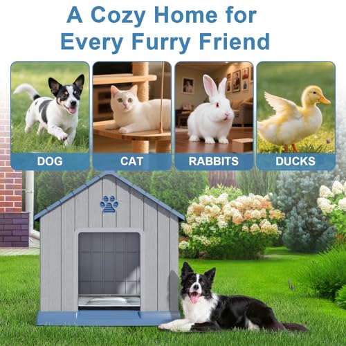 Dog House Indoor Outdoor for Small to Large Sized Dogs 38'' Resin Outdoor Dog House with Ventilation Waterproof Puppy Shelter with Elevated Floor (Blue / 37.8'' * 40.87'' * 38.82'')
