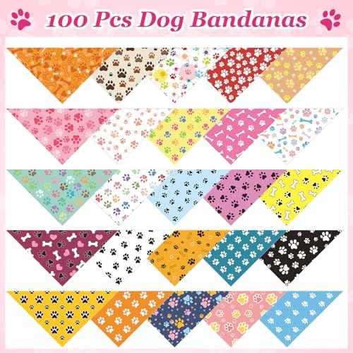 100 Pcs Paw Print Dog Bandanas Bulk (Paw Print / 19.7 x 13.8 x 13.8 Inch)