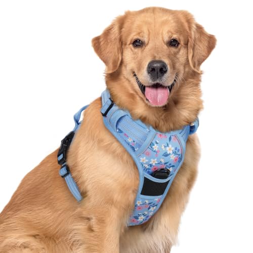 Dog Harness No Pull for Large Dogs with 2 Leash Clips (X-Large / Blue Floral)