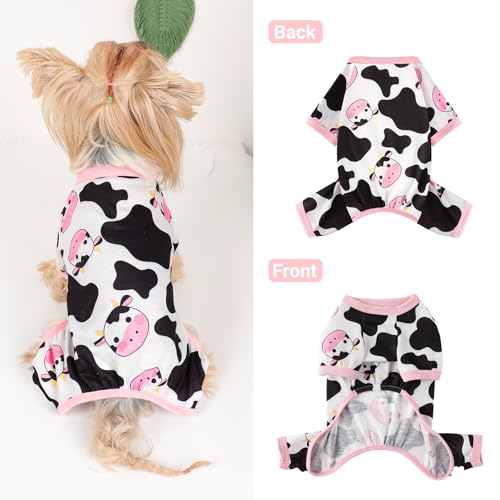 Dog Pajamas Small Sized Dogs Stretchable Summer Dog Clothes Pjs 4 Legs Girl Boy Cute Soft Puppy Outfits Doggie Cat Jammies Jumpsuit Sleeper for Pet (Pink Cow / Large (Chest 17in ))