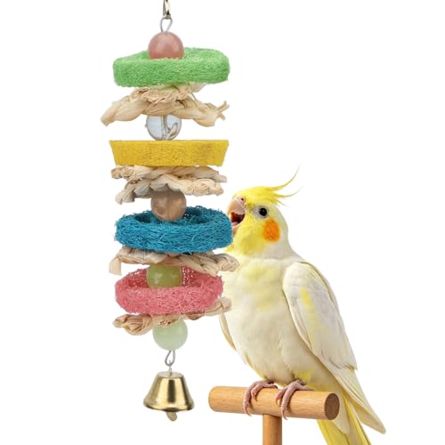 Pet Bird Parrot Swing Chewing Toy Natural Sepa Takraw with Happy Twist Colorful Bead Swing Bell (F)