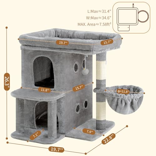 26.3" Cat Tree for Large Cats with Big Perch & Dual Condos HCT204SW (Light Gray / 26.3 inch)