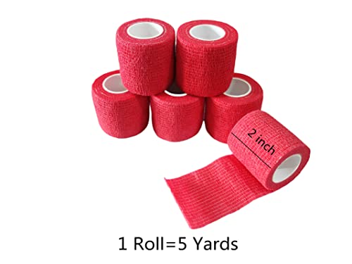 6 Pack 2" x 5 Yards Self Adhesive Bandage Wrap Breathable Cohesive Vet Wrap for Pets (2 Inch / Red)