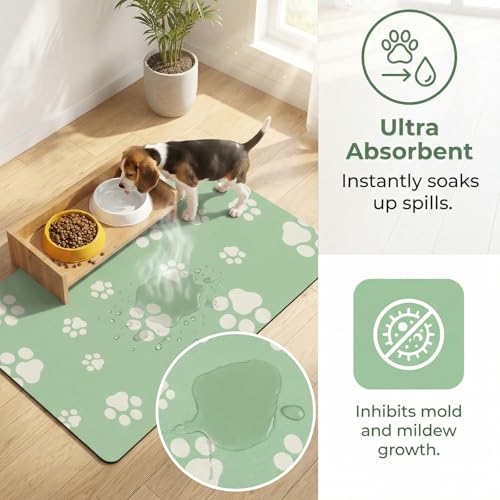 Pet Feeding Mat Dog Cat Food Mat Absorbent No Stains Quick Dry Rubber Bottom Anti (Green-JY / 18"×30")