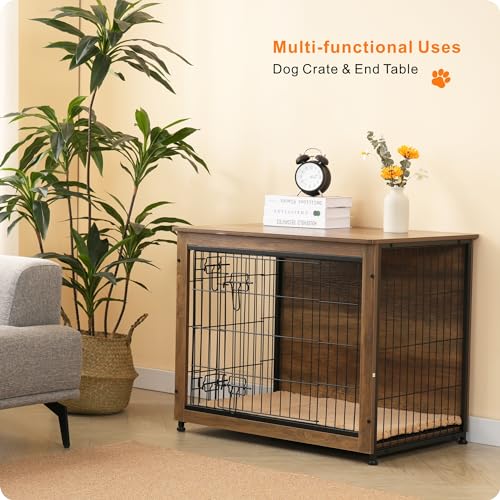 32.5" Dog Crate Furniture with Cushion (Warm Brown / 32.5"L x 21.9"W x 25.6"H)
