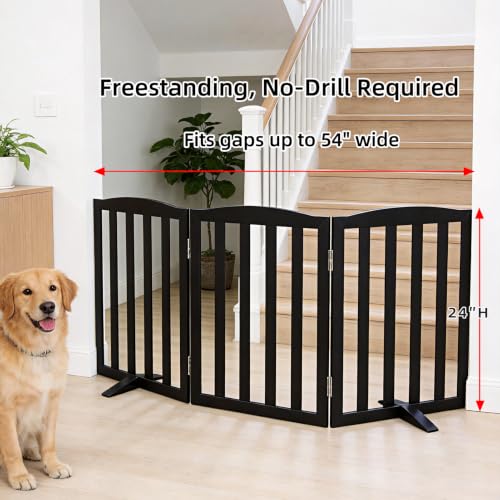 Foldable Freestanding Indoor Dog Gate for House Wood Long Pet Gates Dog Fence for Stairs Puppy Gates for Hallways (Black / 【3 Panels】60''w X 24''h)