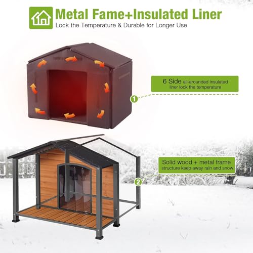 Large Insulated Dog House Outdoor Weatherproof with Iron Frame (41.6"L Insulated Brown)
