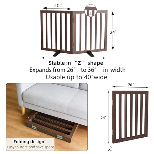 Freestanding Indoor Dog Gate for House Foldable Wood Puppy Gate for Doorways Pet Gate for Stairs Extra Wide Pet Fence (Brown / 【2 Panels】40''w x 24''h)