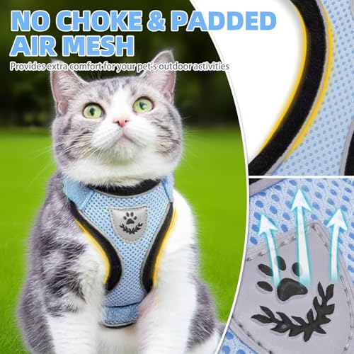 Cat Harness and Leash Set Escape Proof Reflective Cat Walking Harness Adjustable Soft Breathable Mesh Vest for Small Pets (L (NECK 14"-18", CHEST 18"-26.5") / Sky Blue)