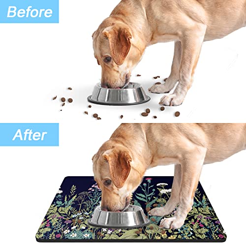 Dog Food Mat 12" x 19" Flower Absorbent Dog Cat Bowl Mat for Food and Water (Midnight Flower / 12"L x 19"W)