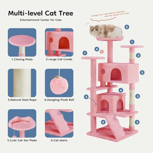 54 inch Cat Tree Tower with Scratching Posts (Pink / 54 Inch)