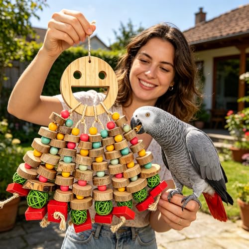Large Bird Toys for Parrots Toys Natural Colored Wooden Bird Cages Chew Accessories for Macaws (Colorful Round Discs)