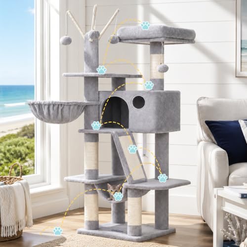 Cat Tree Tower with Padded Platform Bed (53 Inch / Light Gray)