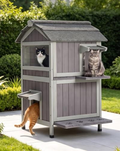 Outdoor Cat House Weatherproof Feral Cat Shelter with Escape Doors (Grey / Gable Roof - 26.8"W)