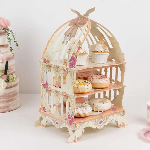 Efavormart 3 Tier White Peach Birdcage Cardboard Cupcake Stand with Floral Print (3-Tier 18" Bird Cage / White Peach)