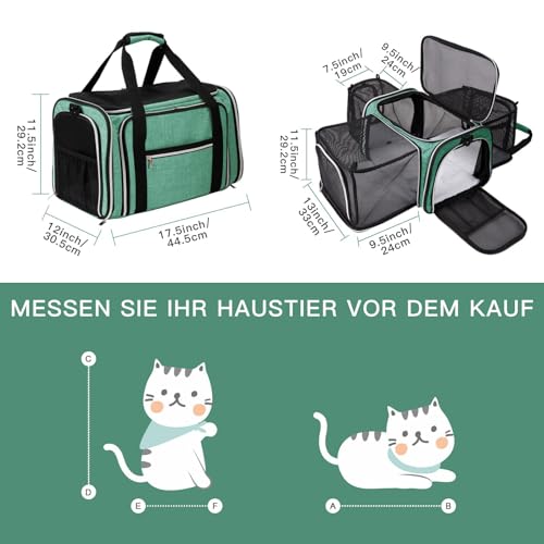Expandable Cat Carrier with Travel Litter Box (Green / 12.6"L x 6.9"W x 16.5"H)