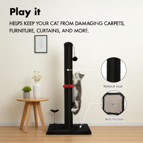 Cat Scratching Post Premium Sisal Scratch Posts with Hanging Ball Vertical Scratcher for Indoor Cats and Kittens (22 inches for kitten / Black)