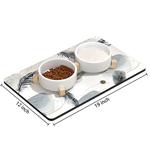 Dog Food Mat 12" x 19" Absorbent Dog Cat Bowl Mat for Food and Water (Abstract Art Plume / 12"L x 12"W)