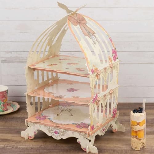 Efavormart 3 Tier White Peach Birdcage Cardboard Cupcake Stand with Floral Print (3-Tier 18" Bird Cage / White Peach)