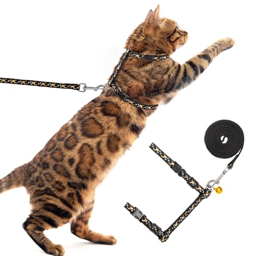 Adjustable Cat Harness and Leash Set Escape Proof Kitten Strap Collar for Walking Travel (Medium / Black(Moon&Star))
