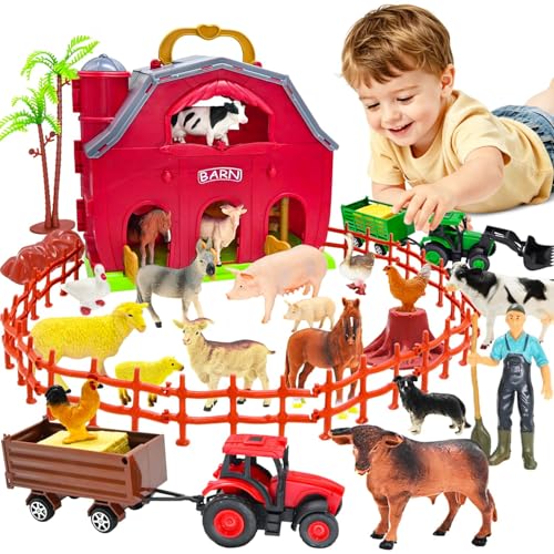 Farm Animals Big Red Barn Toy with Tractors Fence for Toddlers 1 (Farm Barn Playset)