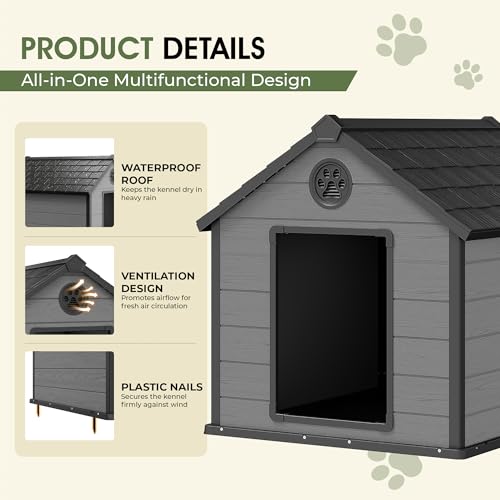 Extra Large Giant Dog House Outdoor Indoor for Large Dogs Durable Plastic Waterproof Doghouse with Air Vents and Elevated Floor Easy Clean and Assemble (Black / 42"D x 44.5"W x 42"H)