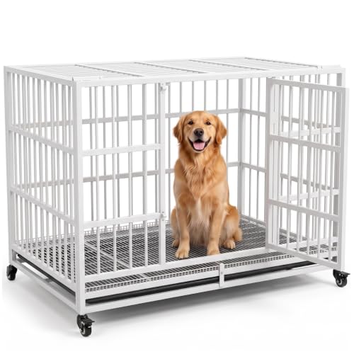 48 Inch Heavy Duty Dog Crate Cage with Wheels (White)