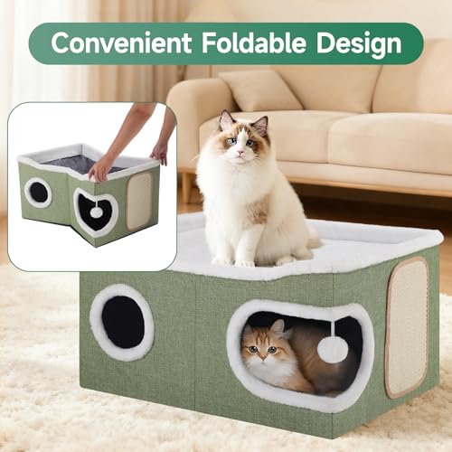 Extra Large Cat House Bed for Multi Cats with Scratch Pad Green (Green / Extra Large)