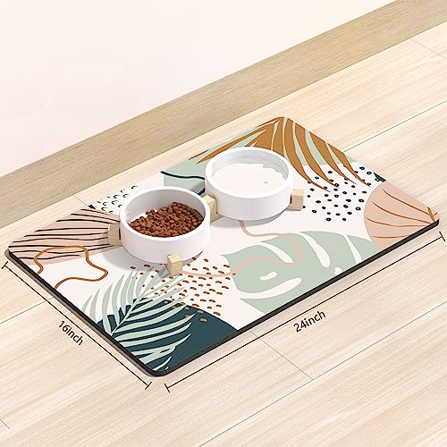 Dog Food Mat 16" x 24" Boho Absorbent Dog Cat Bowl Mat for Food and Water (Boho Tropical Leaves / 16"L x 24"W)