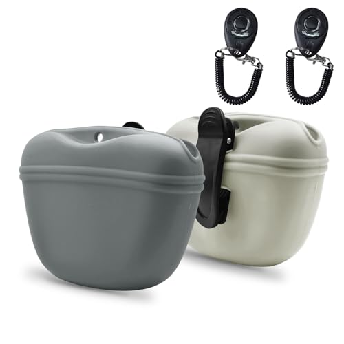 Silicone Dog Treat Pouch with Clicker Magnetic Closure Secure Clip (2 Pack / Light grey+Beige)