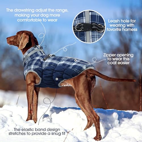 Dog Cold Weather Coats Reflective Dog Warm Jacket with Harness (Blue Plaid / M(chest:21in))