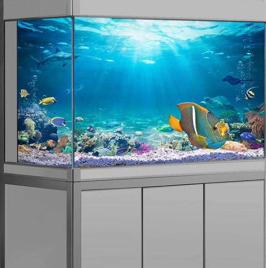 72X18IN Aquarium Background Under The Sea Coral Reef Scenery Backdrop Terrarium Background Underwater Marine Organism Fish Tank Background with 10EVA Double (Blue02 / 72X18in/180X45cm)
