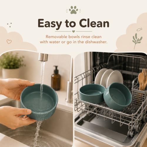 Raised Cat Bowl 5.1” Elevated Ceramic Cat Food and Water Bowl Set (Dark Green)