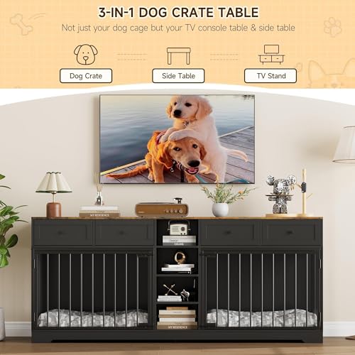 82" Double Dog Crate Furniture with Drawers and Shelves (Black / 81.9"L x 23.6"W x 33.5"H)