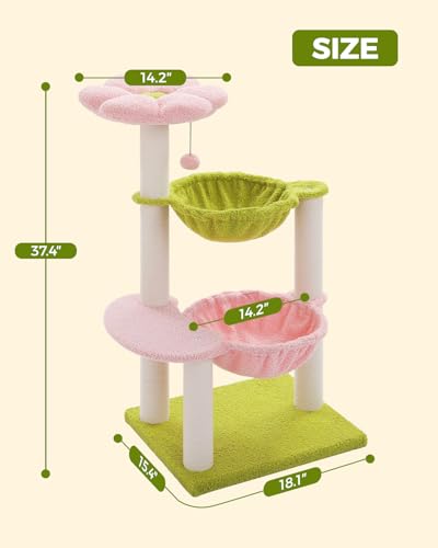 37.4" Flower Cat Tree with 2 Hammocks & 6 Sisal Posts (37.4" / Pink)