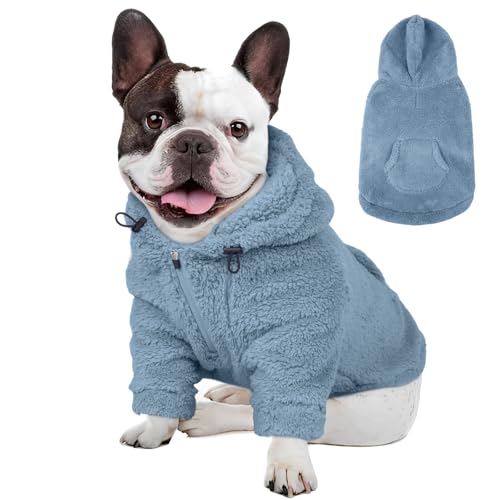 Fuzzy Dog Sweater with Adjustable Hood & Harness Hole (Medium / Blue)