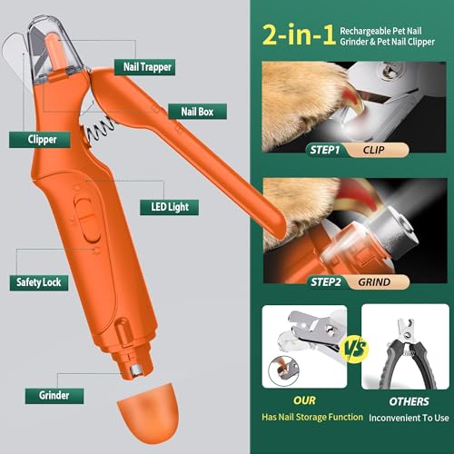 2 in 1 Dog Nail Clippers & Cat Nail Clippers Trimmers for Large Medium Small Dogs Cats Claw Trimmer Quick Sensor and Safety Guard USB Rechargeable Dogs Nail Trimmer with Catcher & 2 LED Lights (Orange)