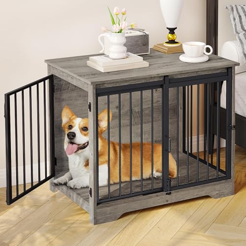 31.9" M Dog Crate Furniture Indoor Dog Kennel with Barn Door (Greige / 31.9"L x 21.7"W x 26.6"H)