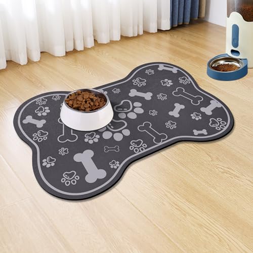 Dog Cat Food Mat (29"L x 17"W / Bone Shaped Dark Grey)