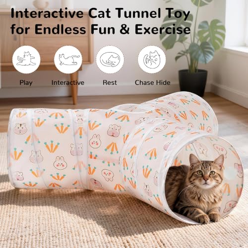 Cat Tunnel, 3-Way Collapsible Toy for Indoor Cats, Pink Rabbit (Pink Rabbit / Small)