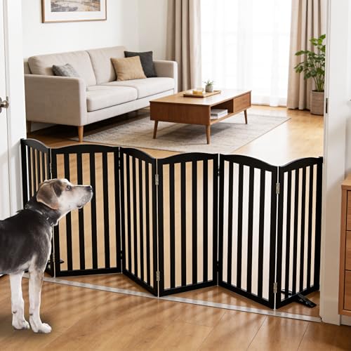 Foldable Freestanding Indoor Dog Gate for House Wood Long Pet Gates Dog Fence for Stairs Puppy Gates for Hallways (Black / 【6 Panels】120''w X 32''h)