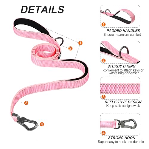 5FT 1IN Heavy Duty Dog Leash for Large Dogs with 2 Padded Handles (Pink / 1 in x 5 ft)