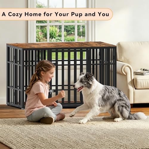 46 Inch Heavy Duty Dog Crate Furniture for Large Dogs (45.8"L x 27.5"W x 28.7"H / Black+Brown)