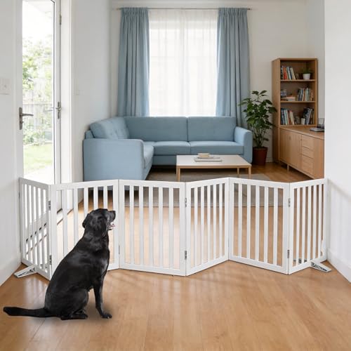 Freestanding Indoor Dog Gate for House Foldable Wood White Puppy Gate for Doorways Pet Gate for Stairs Extra Wide Pet Fence 24" Height 6 Panels (White / 【6 Panels】120''w x 24''h)