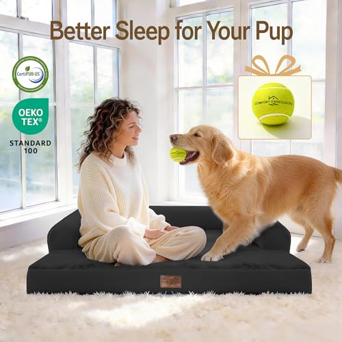 Washable Dog Bed with Bolster for Medium to Large Dogs (Black / 36"L x 27"W x 7.5"Th)