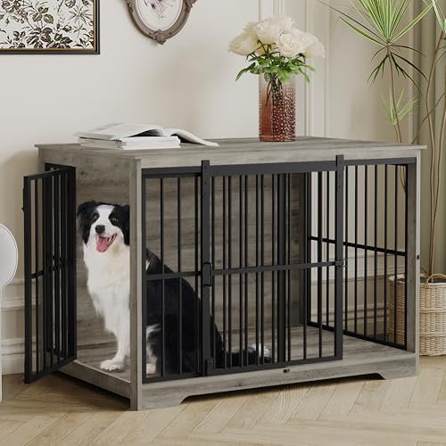 44.1" XL Dog Crate Furniture Indoor Dog Kennel with Barn Door (44.1"L x 27.6"W x 31.9"H / Greige)