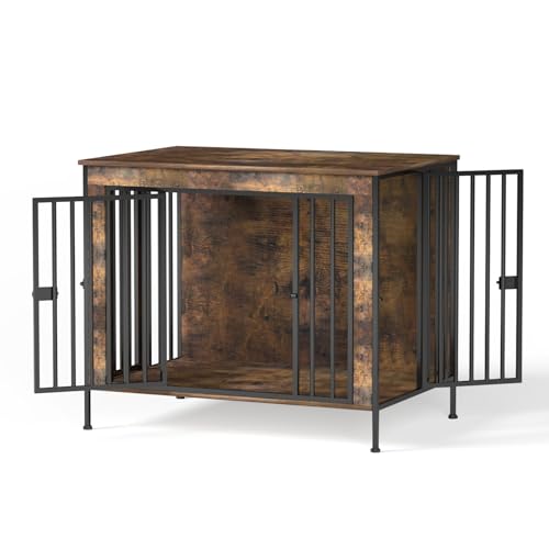 Dog Crate Furniture 40" Sturdy Heavy Duty Dog Kennel Solid Metal Tube Thick Wooden with 2 Lockable Doors Single Dog Cage Large Breed as TV Stand End Table for Large Dog Rustic Brown (40.0"L x 27.5"W x 33.0"H)