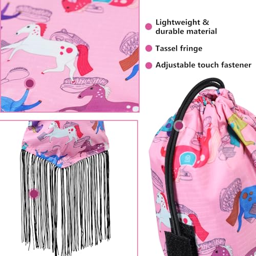 Smooth Lightweight Adjustable Fastener Nylon Horse Tail Bag with Fringe (Pony Print Pink)