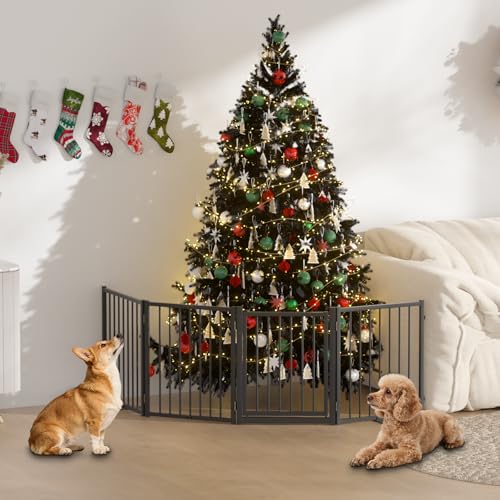 Full Metal Freestanding Dog Gate with Door (【4 Panels】80"W*24H" / Black)